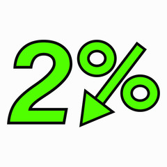 The 2  percent drop green icon. Price drop. Interest rate reduction. Stock symbol. Discount. Markdown of goods. Bonus discount. Vector icon.