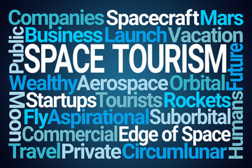Space Tourism Word Cloud on Blue Background