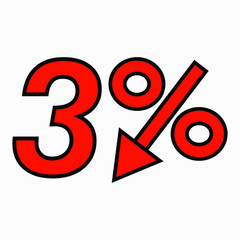 The 3 percent reduction icon is red.  Price drop. Interest rate reduction.  Stock symbol. Discount. Markdown of goods. Bonus discount. Vector icon.