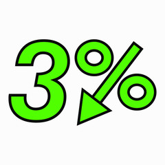 The 3 percent drop green icon. Price drop. Interest rate reduction. Stock symbol. Discount. Markdown of goods. Bonus discount. Vector icon.