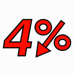 The 4  percent reduction icon is red.  Price drop. Interest rate reduction. Stock symbol. Discount. Markdown of goods. Bonus discount. Vector icon.