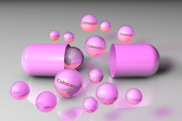 Opened capsule with clobazam drops on pink background. Clobazam is a benzodiazepine that used to treat a several form of childhood epilepsy. Medical background. 3d illustration