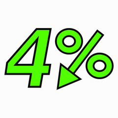 The 4 percent drop green icon. Price drop. Interest rate reduction. Stock symbol. Discount. Markdown of goods. Bonus discount. Vector icon.