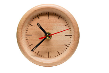 wooden table clock of time, single object isolated on white background