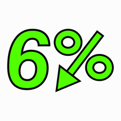 The 6 percent drop green icon.  Price drop. Interest rate reduction. Stock symbol. Discount. Markdown of goods. Bonus discount. Vector icon.