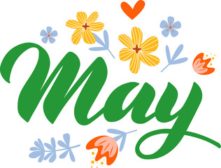 May - Hand drawn lettering month name. Handwritten month May for calendar, monthly logo, bullet journal or monthly organizer. Illustration isolated on white. RGB