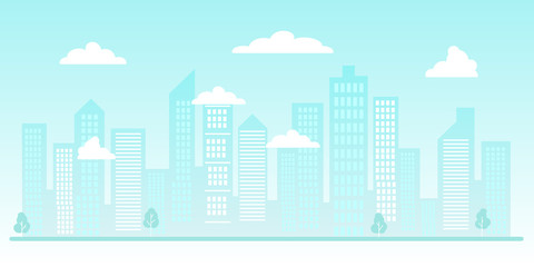 City silhouette or urban background. A modern city with skyscrapers and high-rise buildings, clouds, windows, light blue colors. Illustration in flat style.