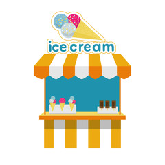 Ice cream stall, kiosk with ice cream for an amusement park, circus, cinema. Flat illustration isolated on white background. Retro style RGB
