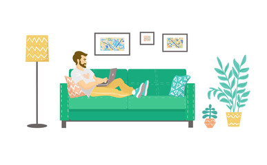 A young man is sitting on a sofa and working from home with a laptop. Cozy modern living room with a sofa, houseplants, lamp, paintings. Man indoors at remote work. Flat illustration RGB.