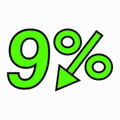 The 9 percent drop green icon. Price drop. Interest rate reduction. Stock symbol. Discount. Markdown of goods. Bonus discount. Vector icon.