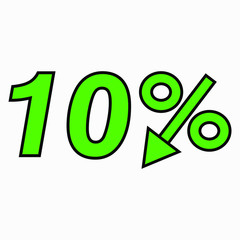 The 10 percent drop green icon. Price drop. Interest rate reduction. Stock symbol. Discount. Markdown of goods. Bonus discount. Vector icon.