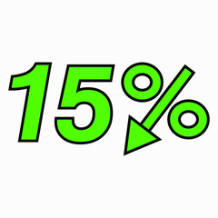 The 15 percent drop green icon. Price drop. Interest rate reduction. Sell-out. Stock symbol. Discount. Markdown of goods. Bonus discount. Vector icon.