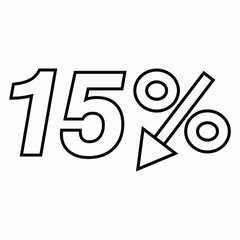 15 percent drop dark icon on a white background.  Price drop. Interest rate reduction. Sell-out. Stock symbol. Discount. Markdown of goods. Bonus discount. Vector icon.