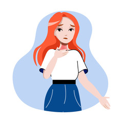 Concept Of Coronavirus, Flu Infection Virus Infection Prevention. Woman Has Angina. Character Has Virus Symptoms. Girl Holds Neck, Feels Bad, Has Sore Throat. Cartoon Flat Style. Vector Illustration