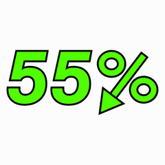 The 55 percent drop green icon. Price drop. Interest rate reduction. Sell-out. Stock symbol. Discount. Markdown of goods. Bonus discount. Vector icon.