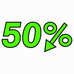 The 50 percent drop green icon. Price drop. Interest rate reduction. Sell-out. Stock symbol. Discount. Markdown of goods. Bonus discount. Vector icon.