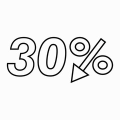 30 percent drop dark icon on a white background.  Price drop. Interest rate reduction. Sell-out. Stock symbol. Discount. Markdown of goods. Bonus discount. Vector icon.