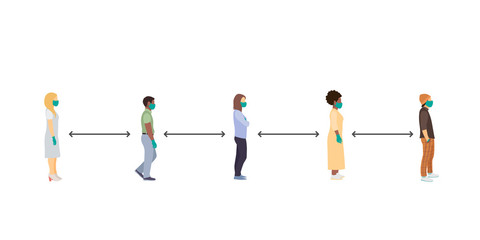 social distance. Full length of cartoon sick people in medical masks and gloves standing in line against at a safe distance of 2 meters or 6 feet. flat vector illustration
