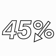 45 percent drop dark icon on a white background. Price drop. Interest rate reduction. Sell-out. Stock symbol. Discount. Markdown of goods. Bonus discount. Vector icon.