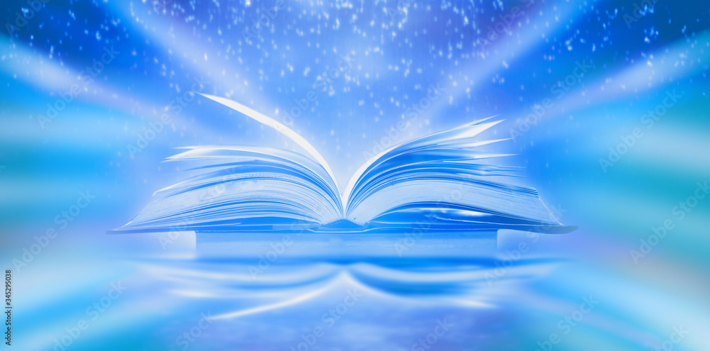 Aufkleber imagine a picture book of an ancient book opened on a wooden table with a sparkling golden backgroun