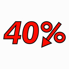 The 40 percent reduction icon is red. Price drop. Interest rate reduction. Sell-out. Stock symbol. Discount. Markdown of goods. Bonus discount. Vector icon.