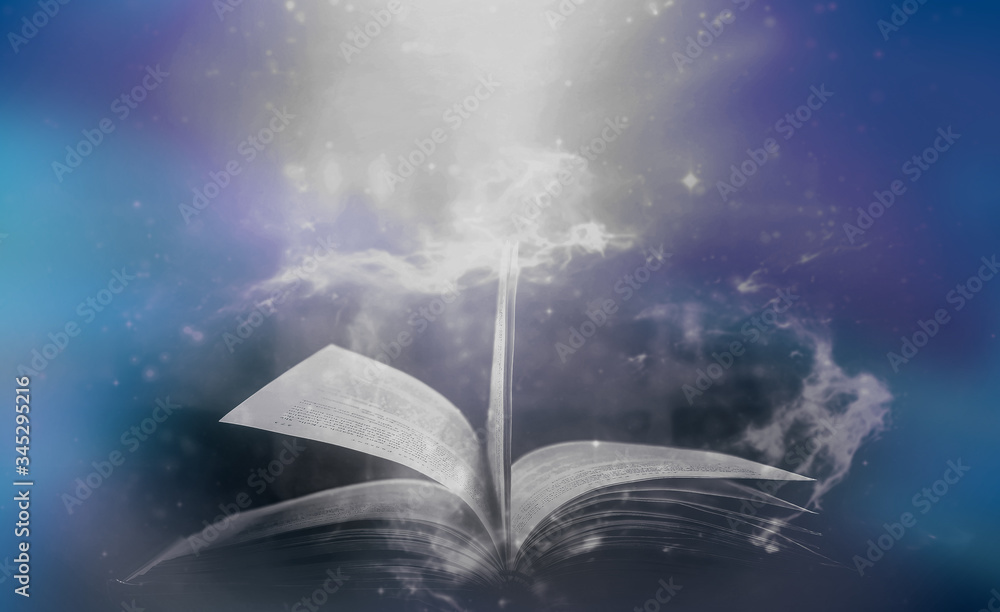 Aufkleber imagine a picture book of an ancient book opened on a wooden table with a sparkling golden backgroun