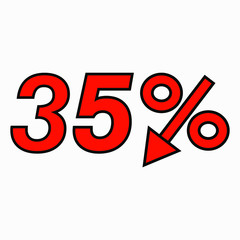 The 35 percent reduction icon is red. Price drop. Interest rate reduction. Sell-out. Stock symbol. Discount. Markdown of goods. Bonus discount. Vector icon.