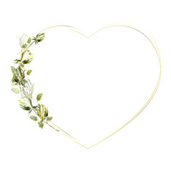 Floral gold frame in the shape of a heart. Vector vintage illustration with hand-drawn roses on a white background. Use for decoration greeting cards, invitations, etc.