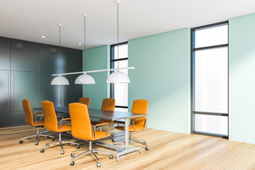 Blue and gray meeting room corner