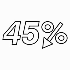 45 percent drop dark icon on a white background.  Price drop. Interest rate reduction. Sell-out. Stock symbol. Discount. Markdown of goods. Bonus discount. Vector icon.
