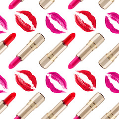 Obraz premium Seamless pattern red kiss print and golden lipstick on white background isolated, open lipsticks and sexy pink lips makeup stamp repeating ornament, cosmetic wallpaper, beauty backdrop, fashion banner