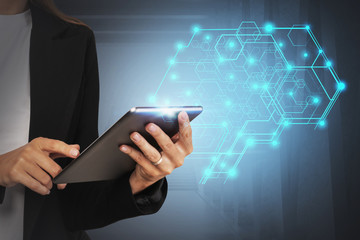 Woman with tablet, AI brain interface