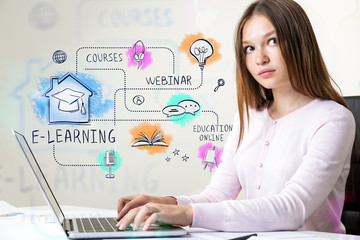 Young European woman typing, e learning sketch