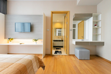 Interior of cozy bedroom in modern desig