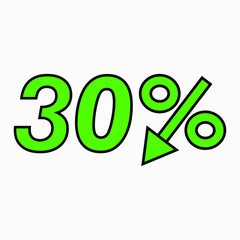 The 30 percent drop green icon. Price drop. Interest rate reduction. Sell-out. Stock symbol. Discount. Markdown of goods. Bonus discount. Vector icon.