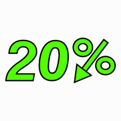 The 20 percent drop green icon. Price drop. Interest rate reduction. Stock symbol. Discount. Markdown of goods. Bonus discount. Vector icon.