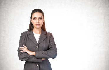 Confident crossed arms businesswoman, mock up