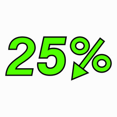 The 25 percent drop green icon. Price drop. Interest rate reduction.Stock symbol. Discount. Markdown of goods. Bonus discount. Vector icon.