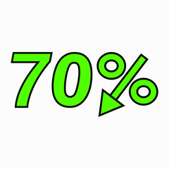 The 70 percent drop green icon.  Price drop. Interest rate reduction. Stock symbol. Discount. Markdown of goods. Bonus discount. Vector icon.