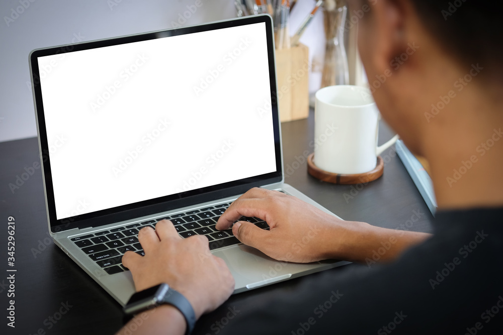 Poster mock up copy space blank screen concept business working on laptop.