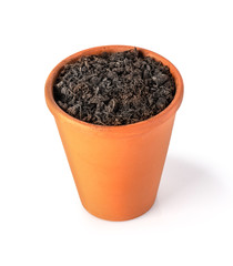 clay pot filled with organic potting soil