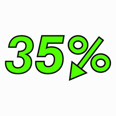 The 35 percent drop green icon.  Price drop. Interest rate reduction. Sell-out. Stock symbol. Discount. Markdown of goods. Bonus discount. Vector icon.