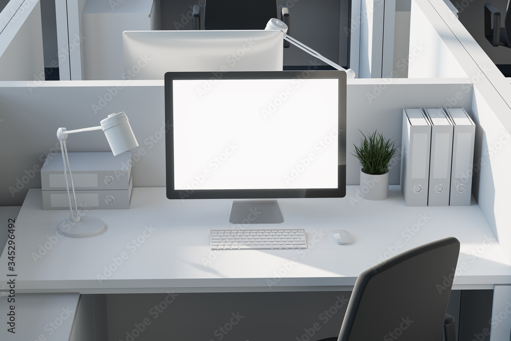 Poster mock up computer screen on white office table