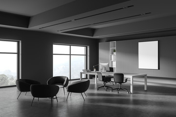 Gray CEO office corner with poster and lounge