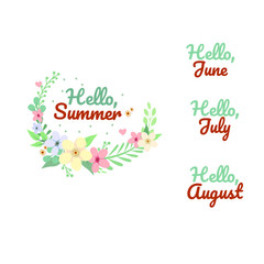 vector wreath of leaves, flowers and ladybirds. In the center of the wreath is a cute girl. Lettering phrases - hello summer! hi, June! hello July! Hello August!