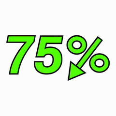 The 75 percent drop green icon.  Price drop. Interest rate reduction. Sell-out. Stock symbol. Discount. Markdown of goods. Bonus discount. Vector icon.