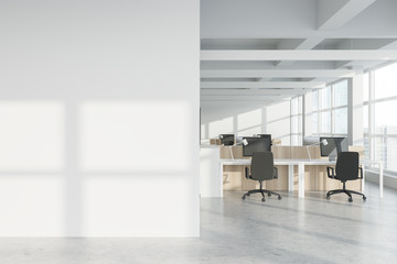 White open space office with mock up wall