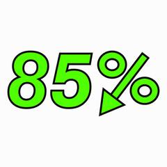 The 85 percent drop green icon.  Price drop. Interest rate reduction. Stock symbol. Discount. Markdown of goods. Bonus discount. Vector icon.