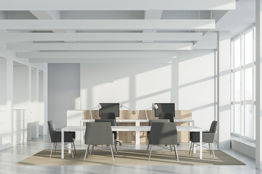 White and wooden open space and meeting room