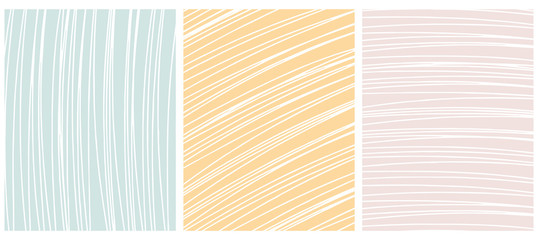Set o 3 Abstract Geometric Layouts. White Irregular Hand Drawn Scribbles on Pale Pink, Yellow and Mint Green Backgrounds. Funny Simple Creative Design. Infantile Style Stripes and Mesh Graphic.